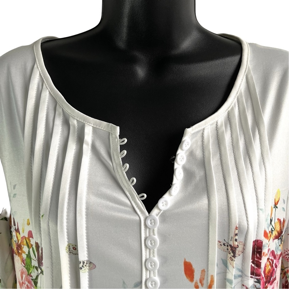 Beautiful SzL Blouse Floral Print White 3/4 Length Sleeve Round Neck Stretchy - Picture 4 of 13